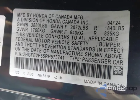 2024 Honda Civic Sport z USA, uszkodzony, nr VIN 2HGFE2F55RH573741
